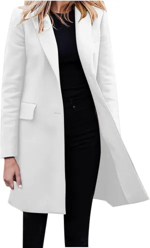 Womens Business Blazers Wool Blend Flannel Suit Jackets Long Pea Trench Coats Open Front Cardigan Fall Winter Tops