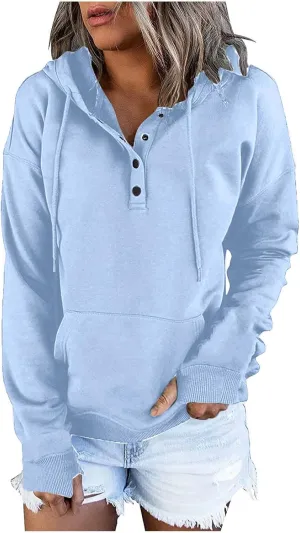 Womens Casual Button Down Hoodies Drawstring Long Sleeve Pullover Hooded Sweatshirt Fall Outfits Clothes Thumb Hole