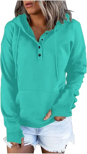 Womens Casual Button Down Hoodies Drawstring Long Sleeve Pullover Hooded Sweatshirt Fall Outfits Clothes Thumb Hole