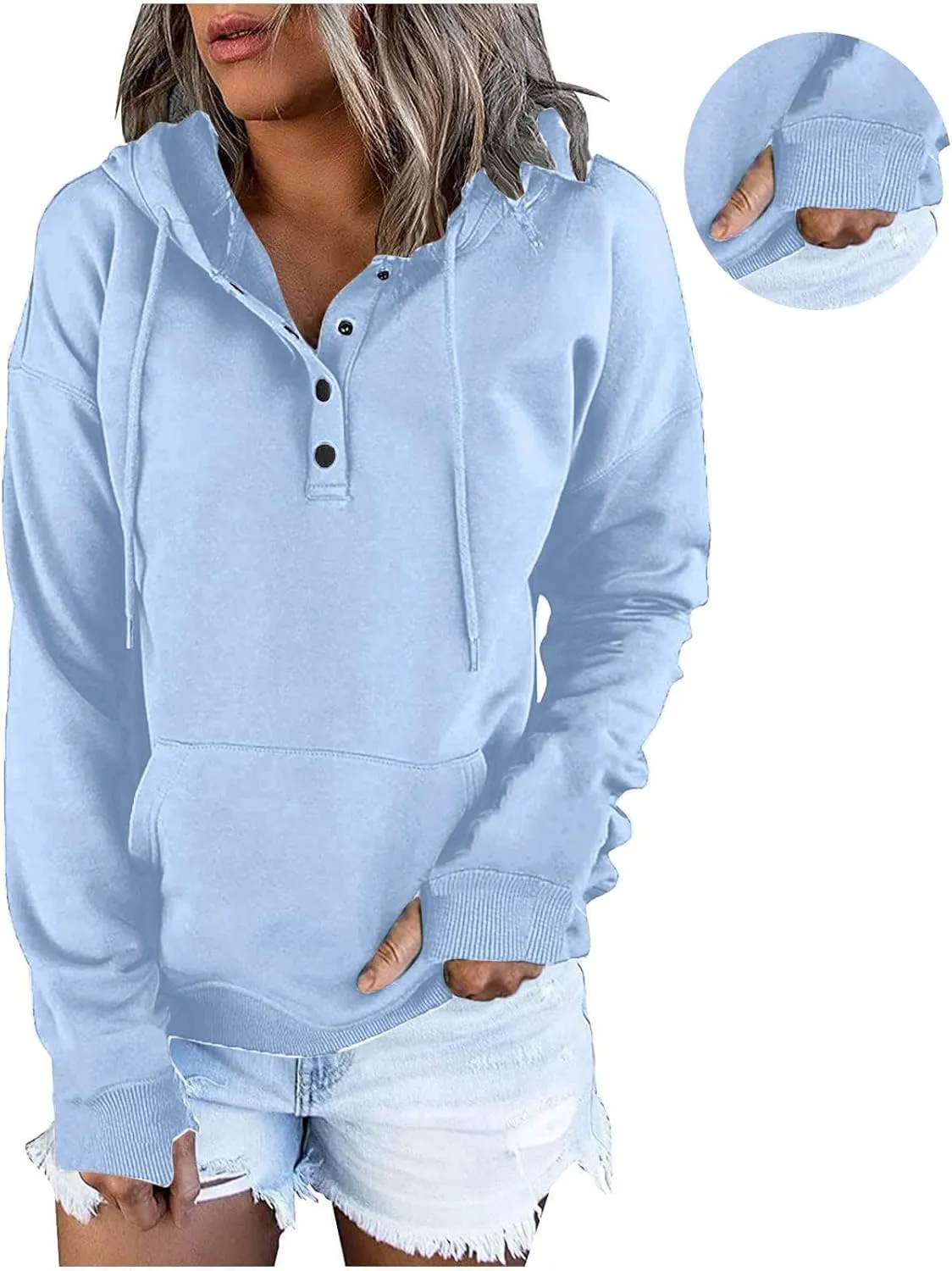 Womens Casual Button Down Hoodies Drawstring Long Sleeve Pullover Hooded Sweatshirt Fall Outfits Clothes Thumb Hole