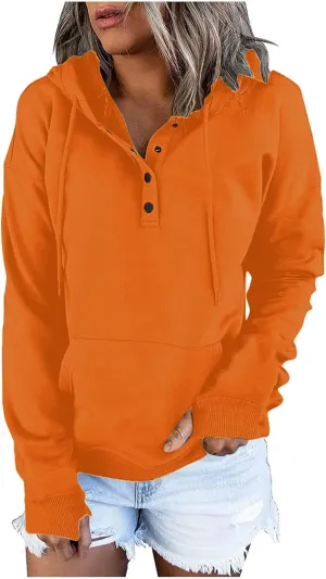 Womens Casual Button Down Hoodies Drawstring Long Sleeve Pullover Hooded Sweatshirt Fall Outfits Clothes Thumb Hole