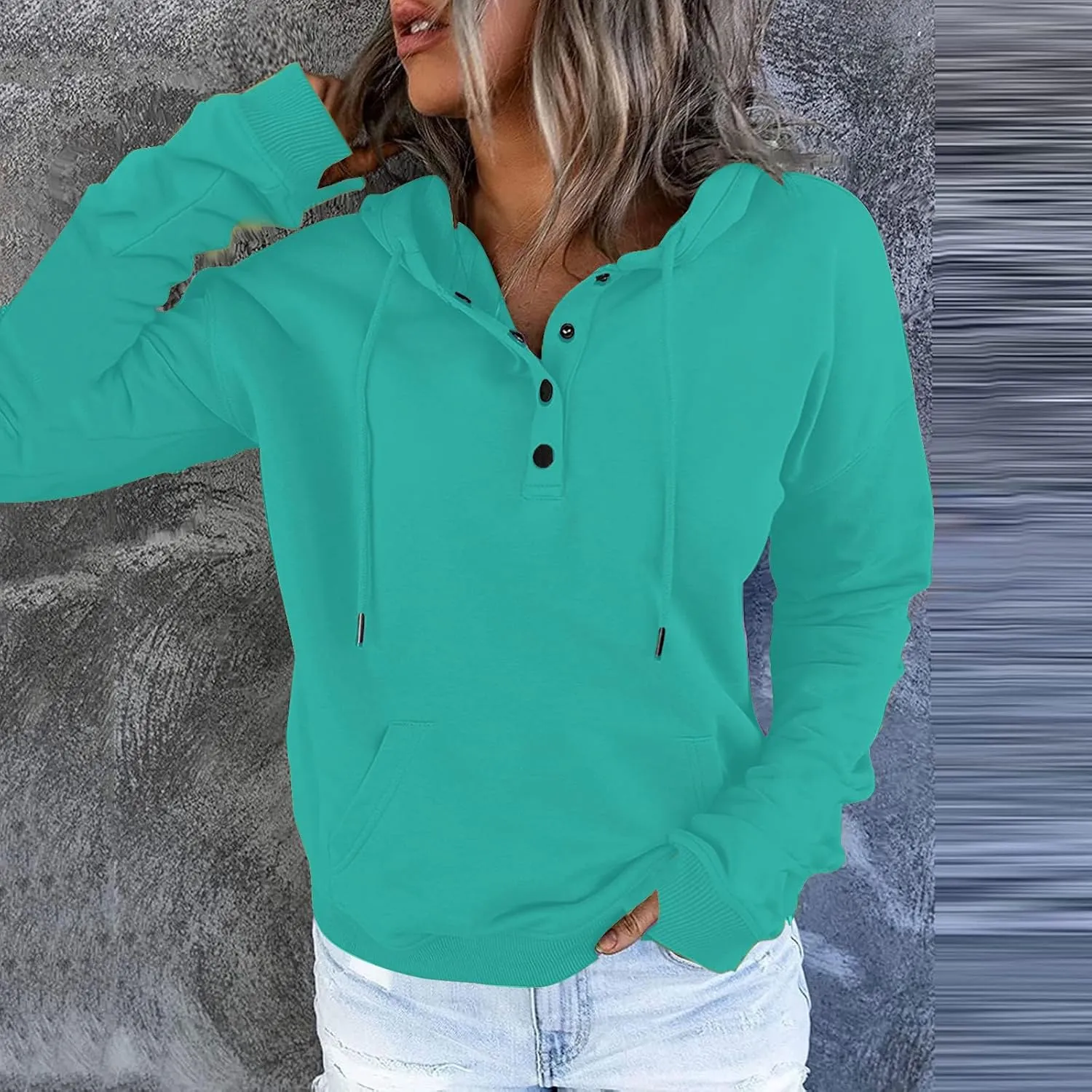 Womens Casual Button Down Hoodies Drawstring Long Sleeve Pullover Hooded Sweatshirt Fall Outfits Clothes Thumb Hole