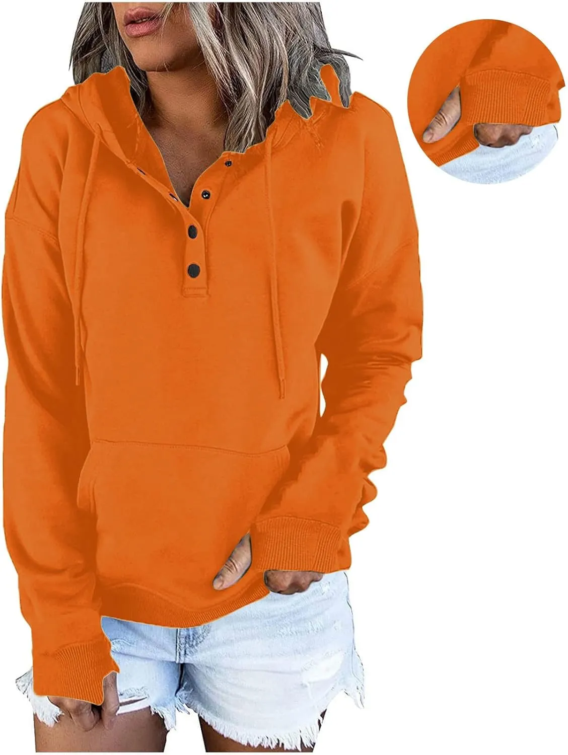 Womens Casual Button Down Hoodies Drawstring Long Sleeve Pullover Hooded Sweatshirt Fall Outfits Clothes Thumb Hole
