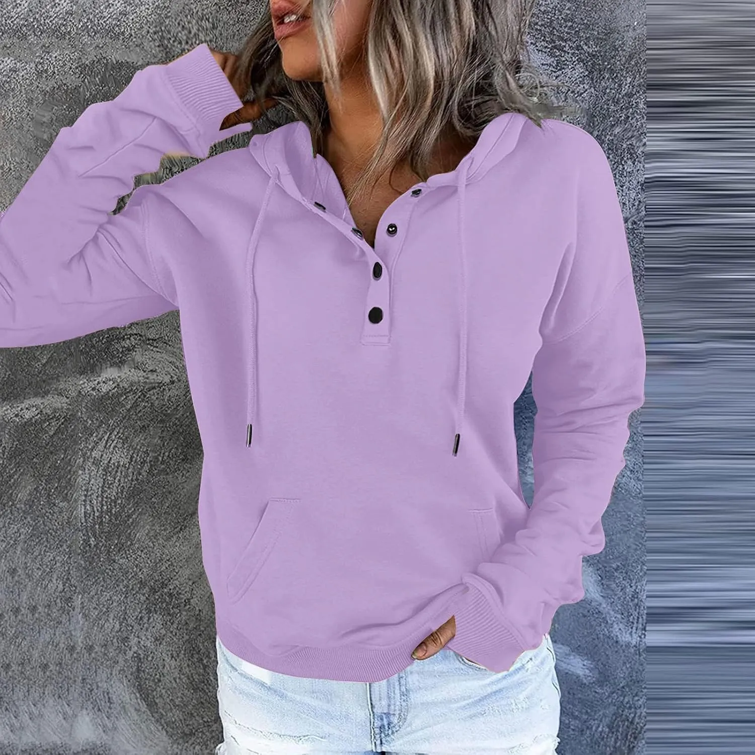 Womens Casual Button Down Hoodies Drawstring Long Sleeve Pullover Hooded Sweatshirt Fall Outfits Clothes Thumb Hole