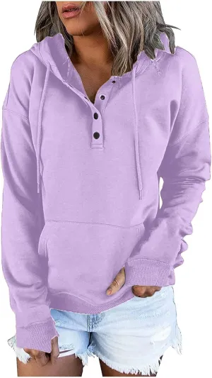 Womens Casual Button Down Hoodies Drawstring Long Sleeve Pullover Hooded Sweatshirt Fall Outfits Clothes Thumb Hole