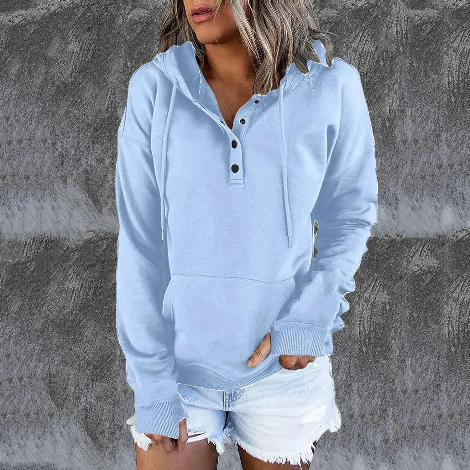 Womens Casual Button Down Hoodies Drawstring Long Sleeve Pullover Hooded Sweatshirt Fall Outfits Clothes Thumb Hole