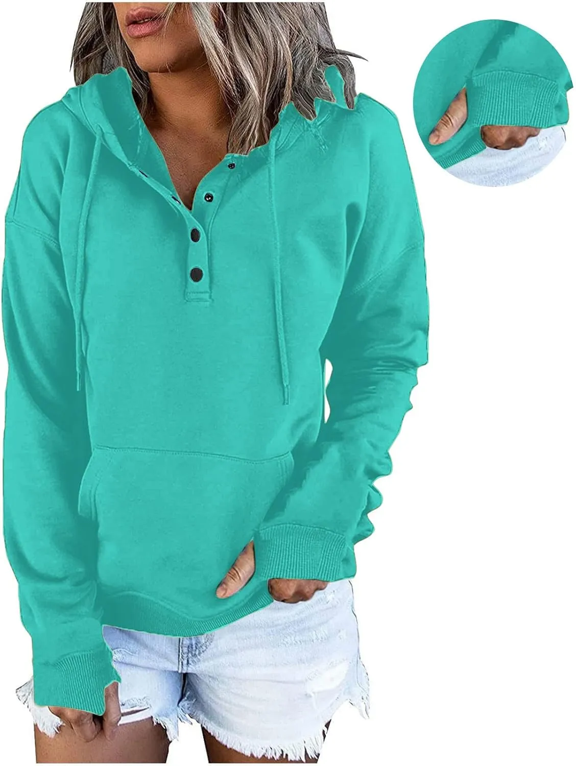 Womens Casual Button Down Hoodies Drawstring Long Sleeve Pullover Hooded Sweatshirt Fall Outfits Clothes Thumb Hole