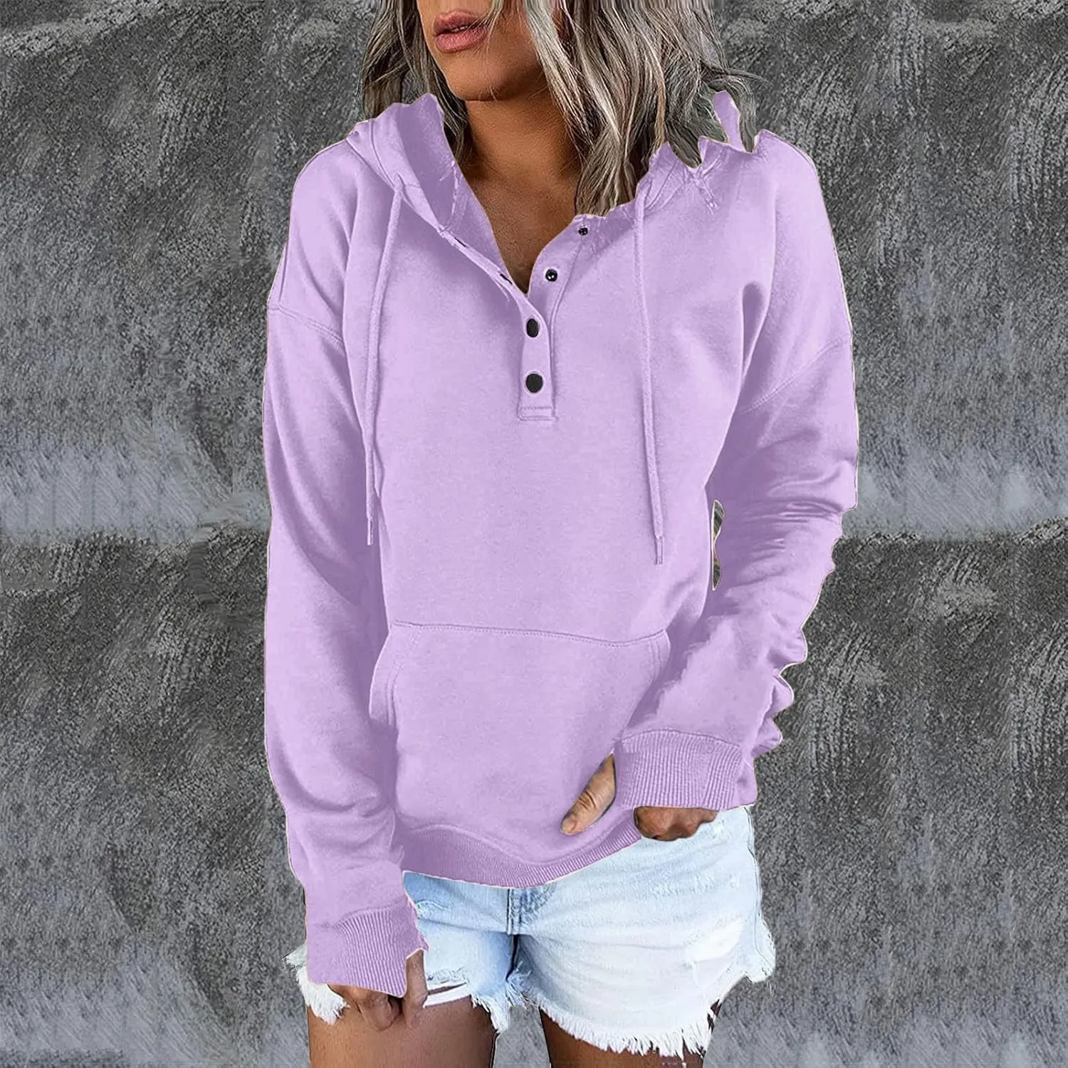 Womens Casual Button Down Hoodies Drawstring Long Sleeve Pullover Hooded Sweatshirt Fall Outfits Clothes Thumb Hole