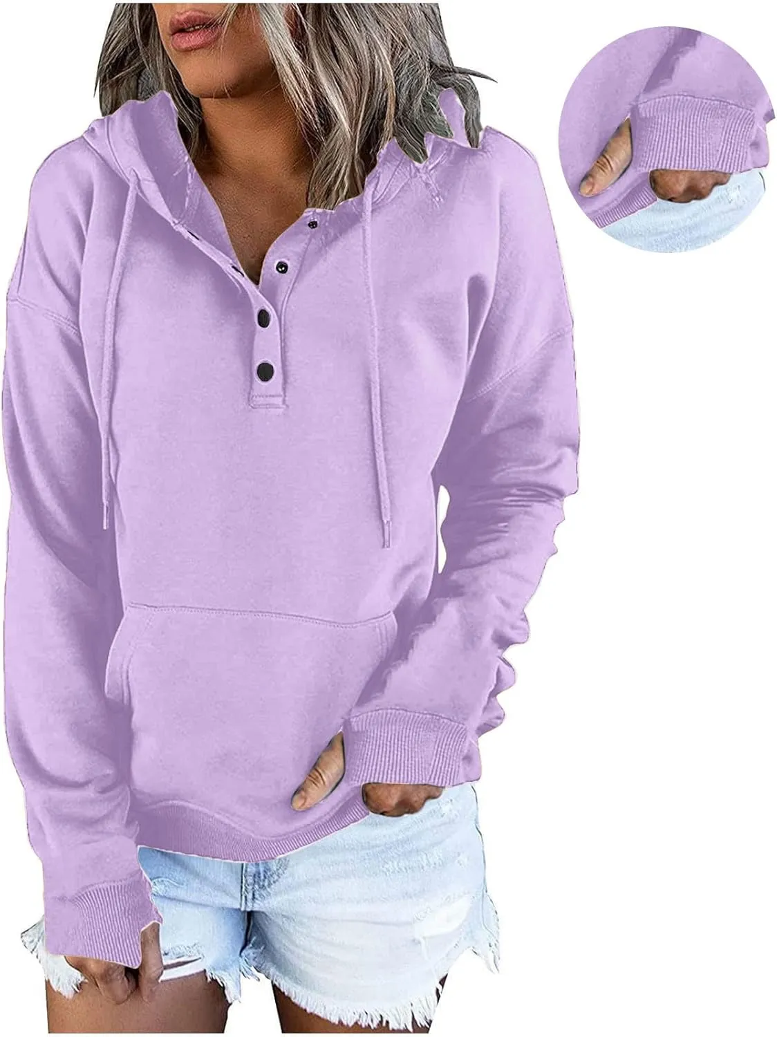 Womens Casual Button Down Hoodies Drawstring Long Sleeve Pullover Hooded Sweatshirt Fall Outfits Clothes Thumb Hole