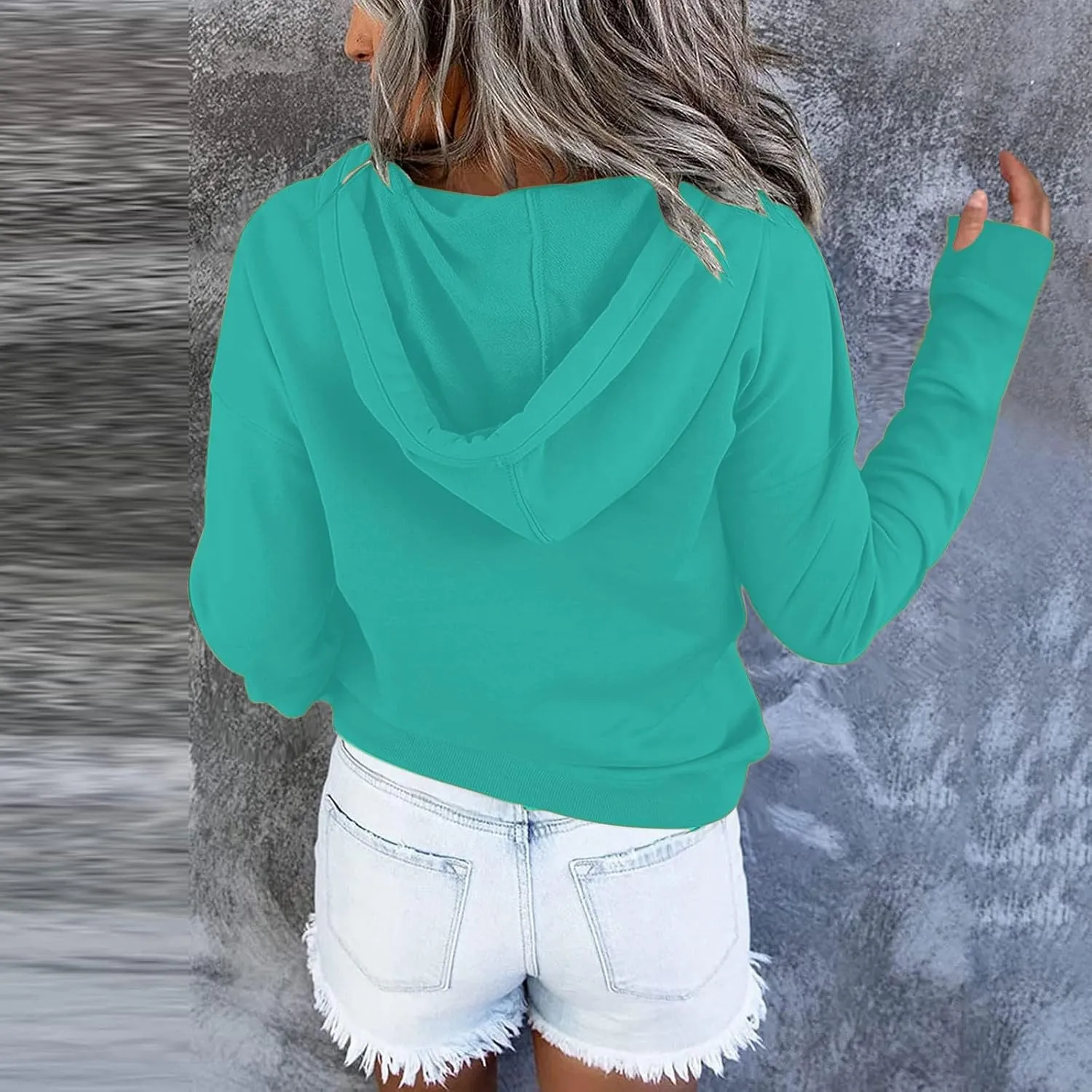 Womens Casual Button Down Hoodies Drawstring Long Sleeve Pullover Hooded Sweatshirt Fall Outfits Clothes Thumb Hole