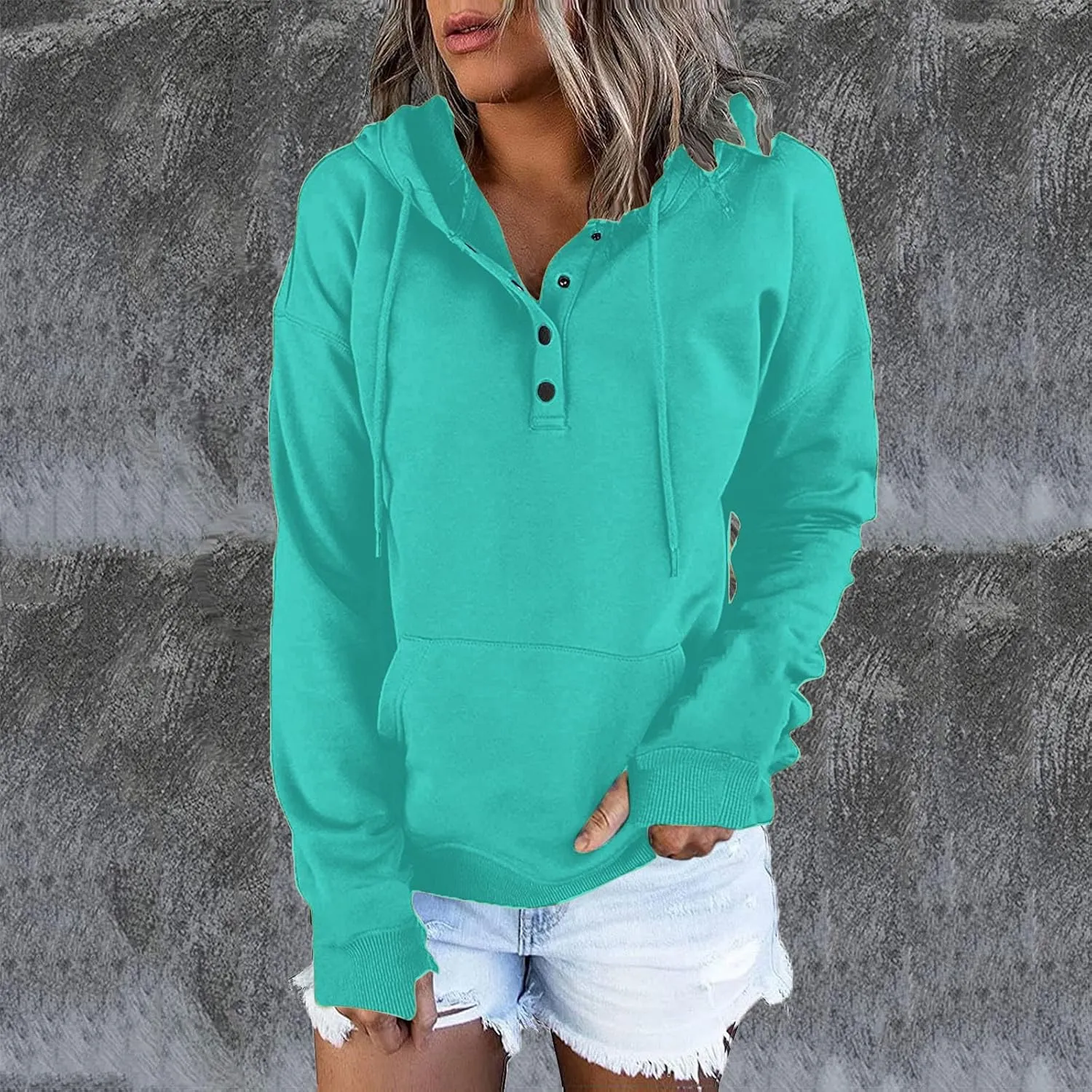 Womens Casual Button Down Hoodies Drawstring Long Sleeve Pullover Hooded Sweatshirt Fall Outfits Clothes Thumb Hole