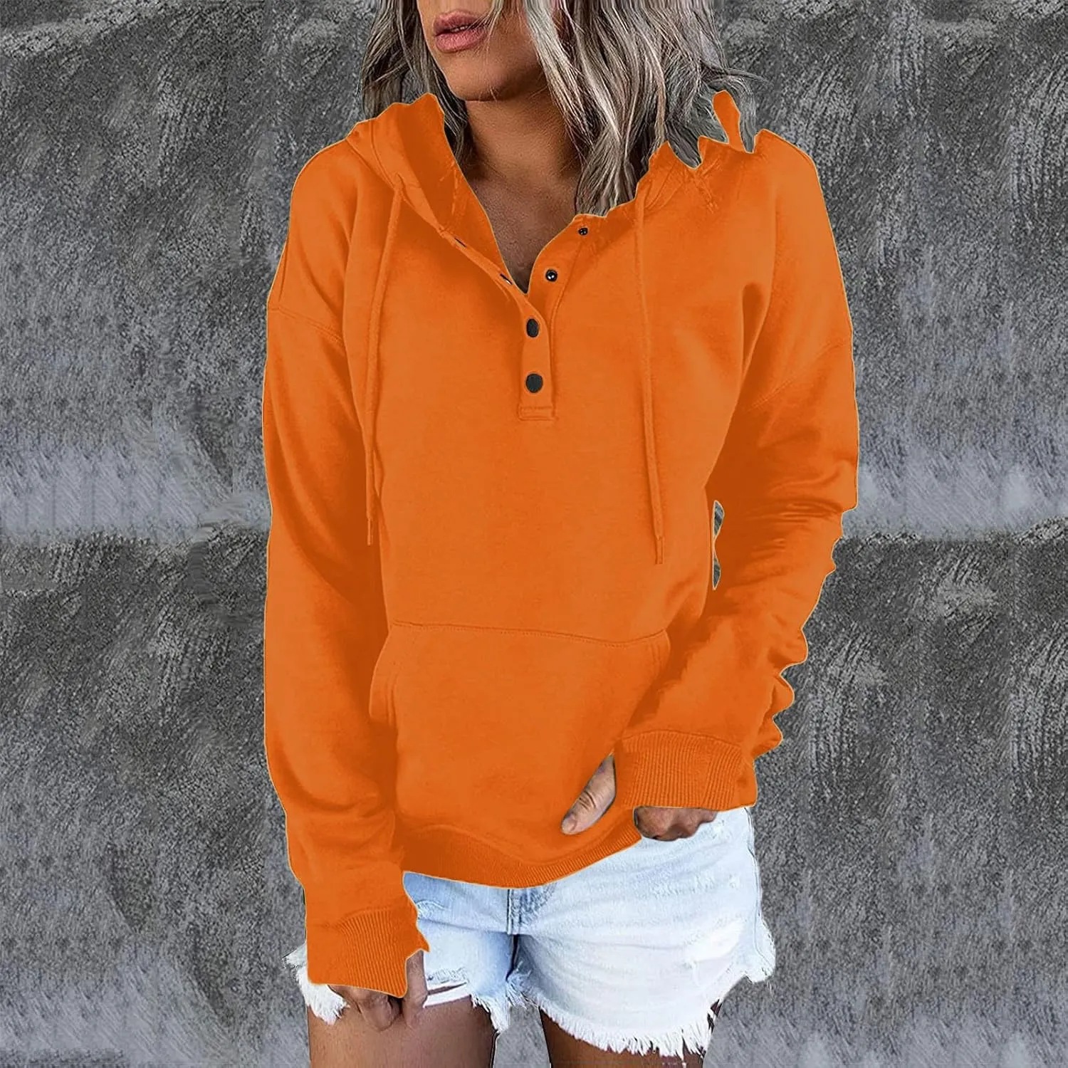 Womens Casual Button Down Hoodies Drawstring Long Sleeve Pullover Hooded Sweatshirt Fall Outfits Clothes Thumb Hole