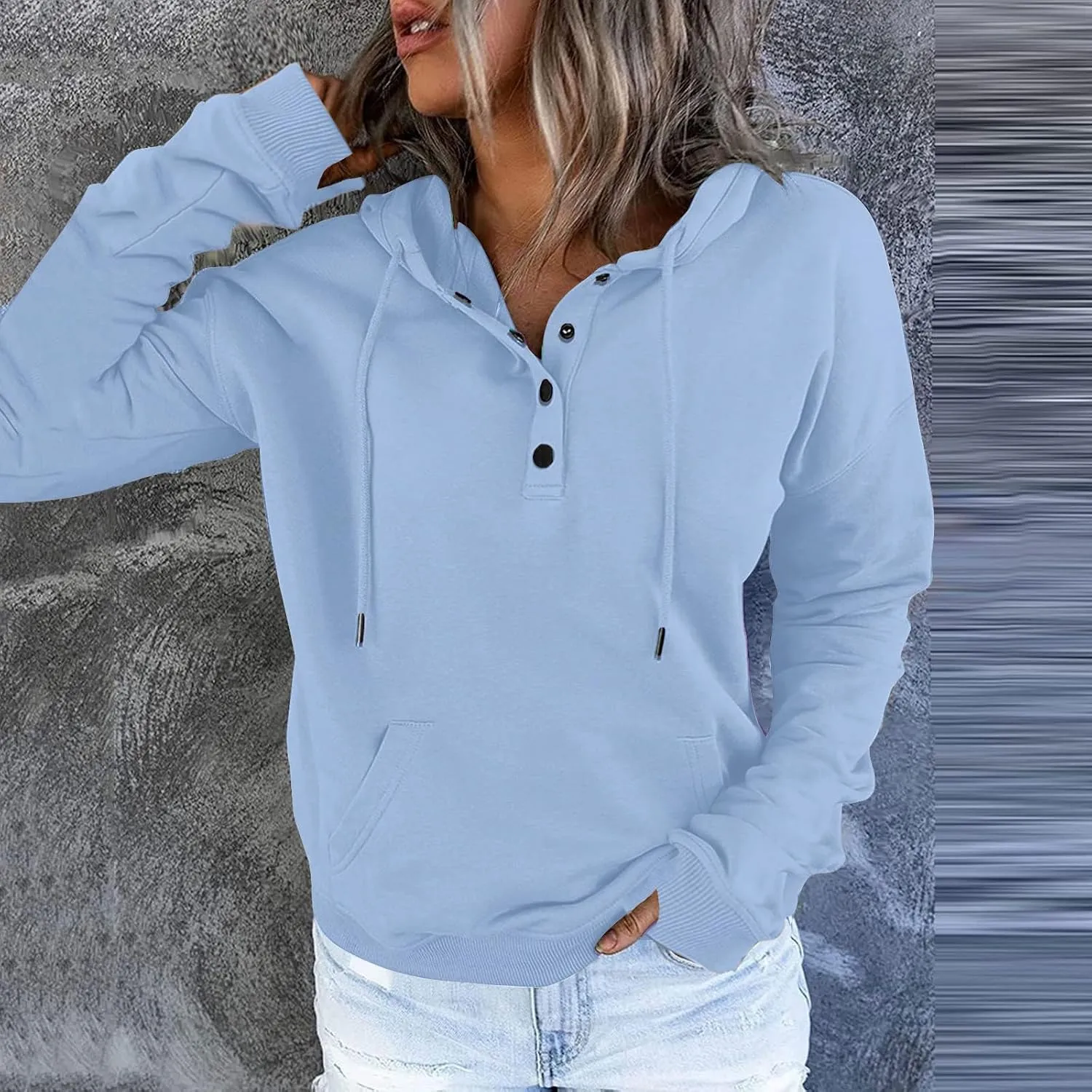 Womens Casual Button Down Hoodies Drawstring Long Sleeve Pullover Hooded Sweatshirt Fall Outfits Clothes Thumb Hole