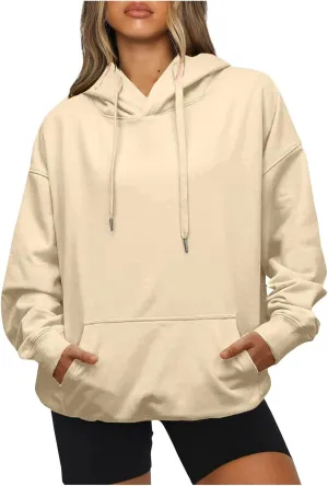 Women's Casual Hoodies Long Sleeve Lightweight Solid Pullover Tops Loose Fall Winter Sweatshirt with Pocket