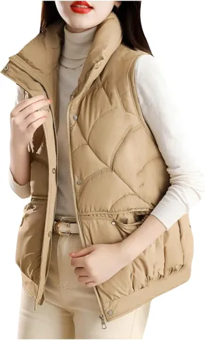 Womens Casual Winter Puffer Vest Sleeveless Cropped Coat Warm Stand Collar Cotton Padded Down Gilet Jacket with Pockets