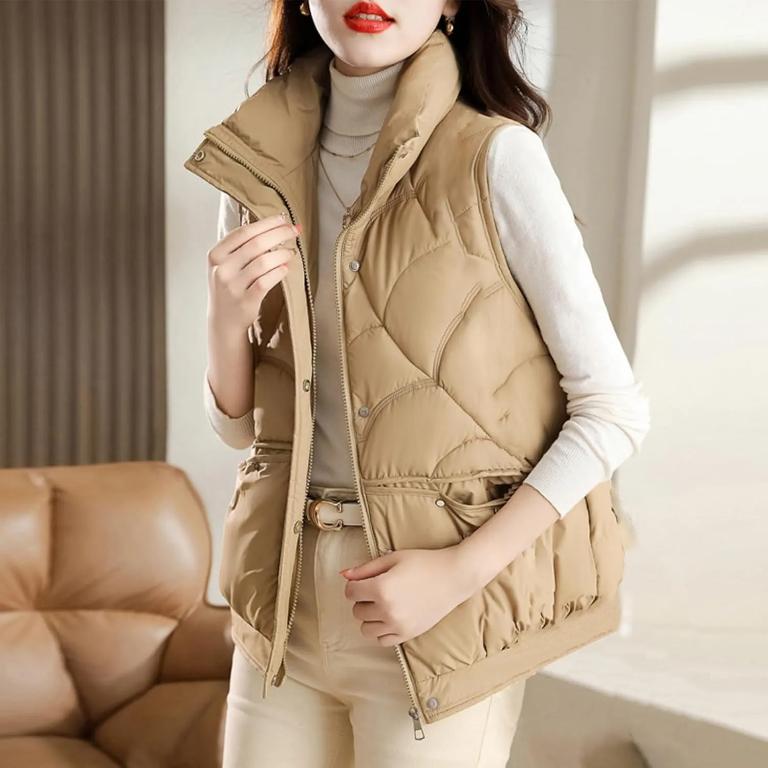 Womens Casual Winter Puffer Vest Sleeveless Cropped Coat Warm Stand Collar Cotton Padded Down Gilet Jacket with Pockets
