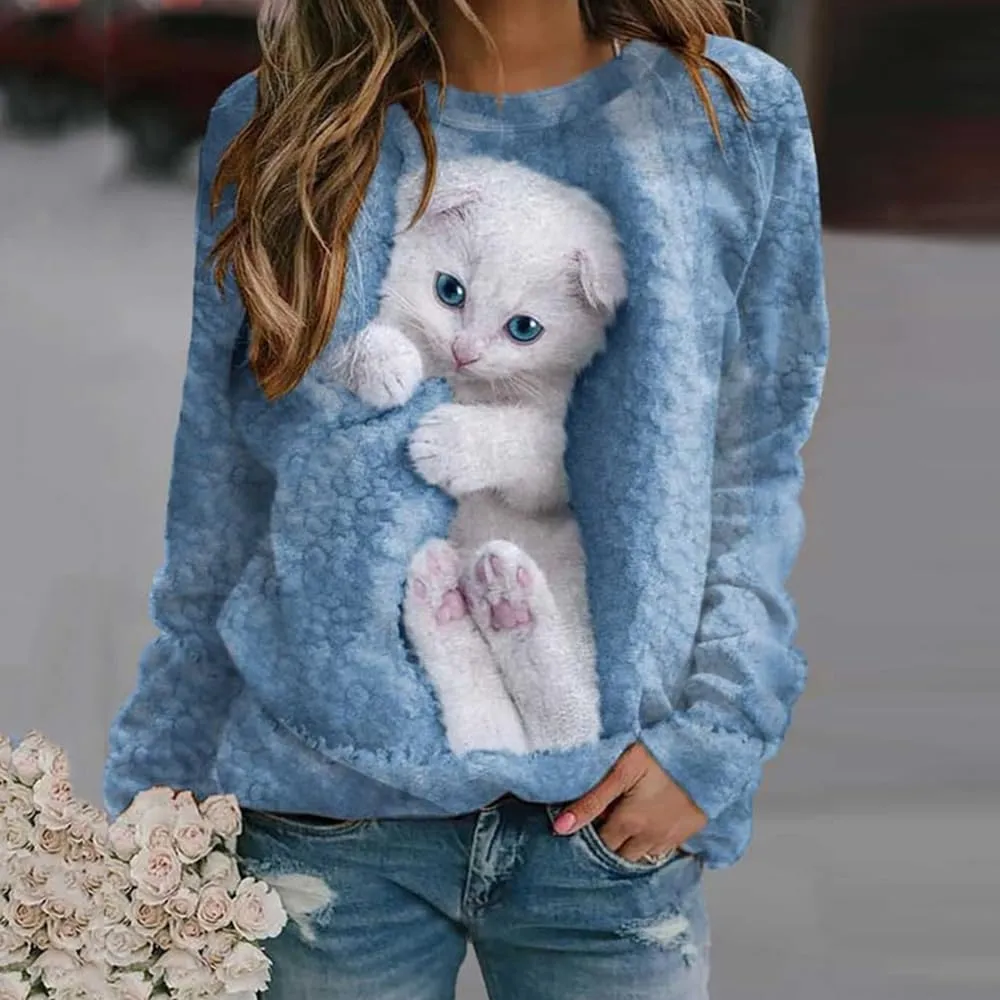 Women's Cat Print Long Sleeve Shirt Cute Casual Crewneck Pullover Top Lightweight Funny Graphic Tee