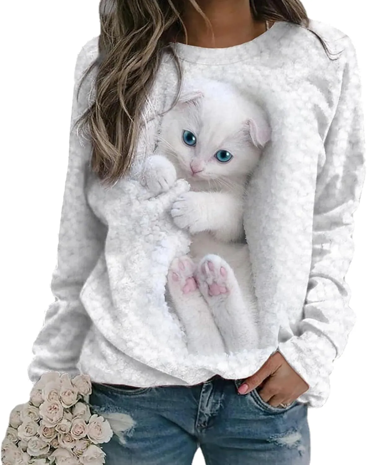 Women's Cat Print Long Sleeve Shirt Cute Casual Crewneck Pullover Top Lightweight Funny Graphic Tee
