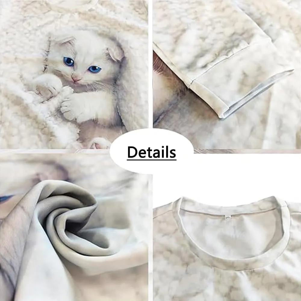 Women's Cat Print Long Sleeve Shirt Cute Casual Crewneck Pullover Top Lightweight Funny Graphic Tee