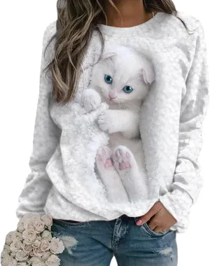Women's Cat Print Long Sleeve Shirt Cute Casual Crewneck Pullover Top Lightweight Funny Graphic Tee