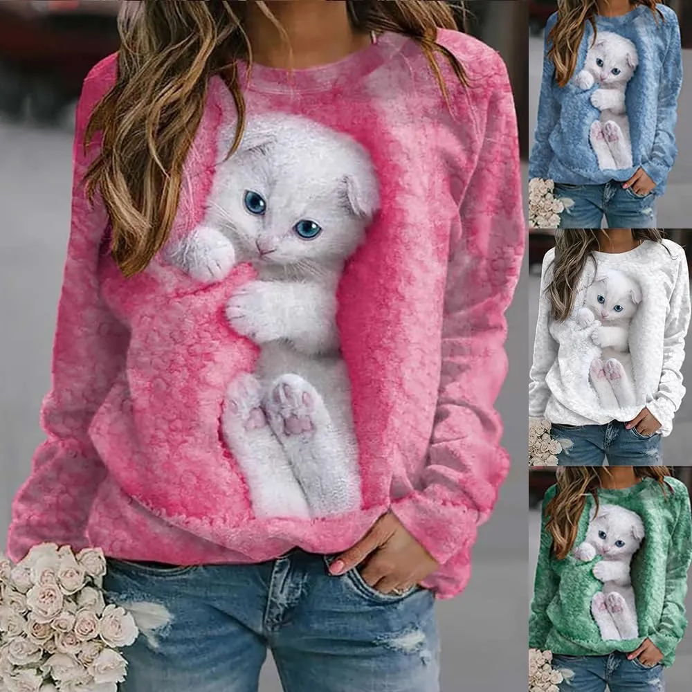 Women's Cat Print Long Sleeve Shirt Cute Casual Crewneck Pullover Top Lightweight Funny Graphic Tee