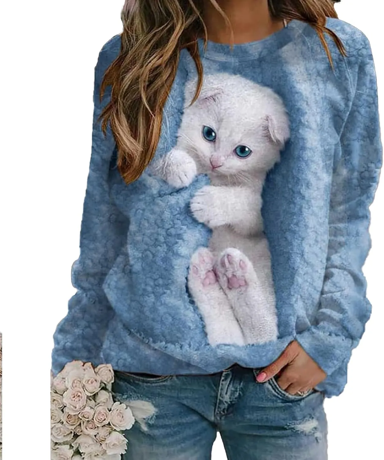 Women's Cat Print Long Sleeve Shirt Cute Casual Crewneck Pullover Top Lightweight Funny Graphic Tee