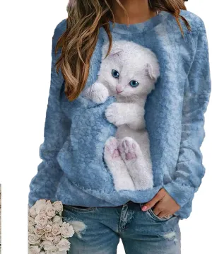 Women's Cat Print Long Sleeve Shirt Cute Casual Crewneck Pullover Top Lightweight Funny Graphic Tee