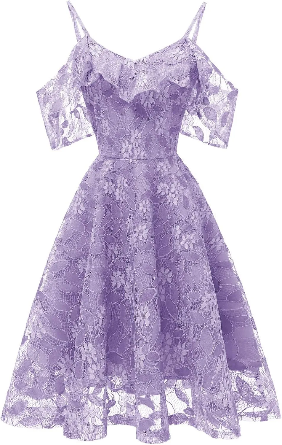 Women's Cold Shoulder Dresses Floral Lace Pleated Dress Ruffle Sleeve Knee Length Dresses Evening Party Cocktail Prom Gown