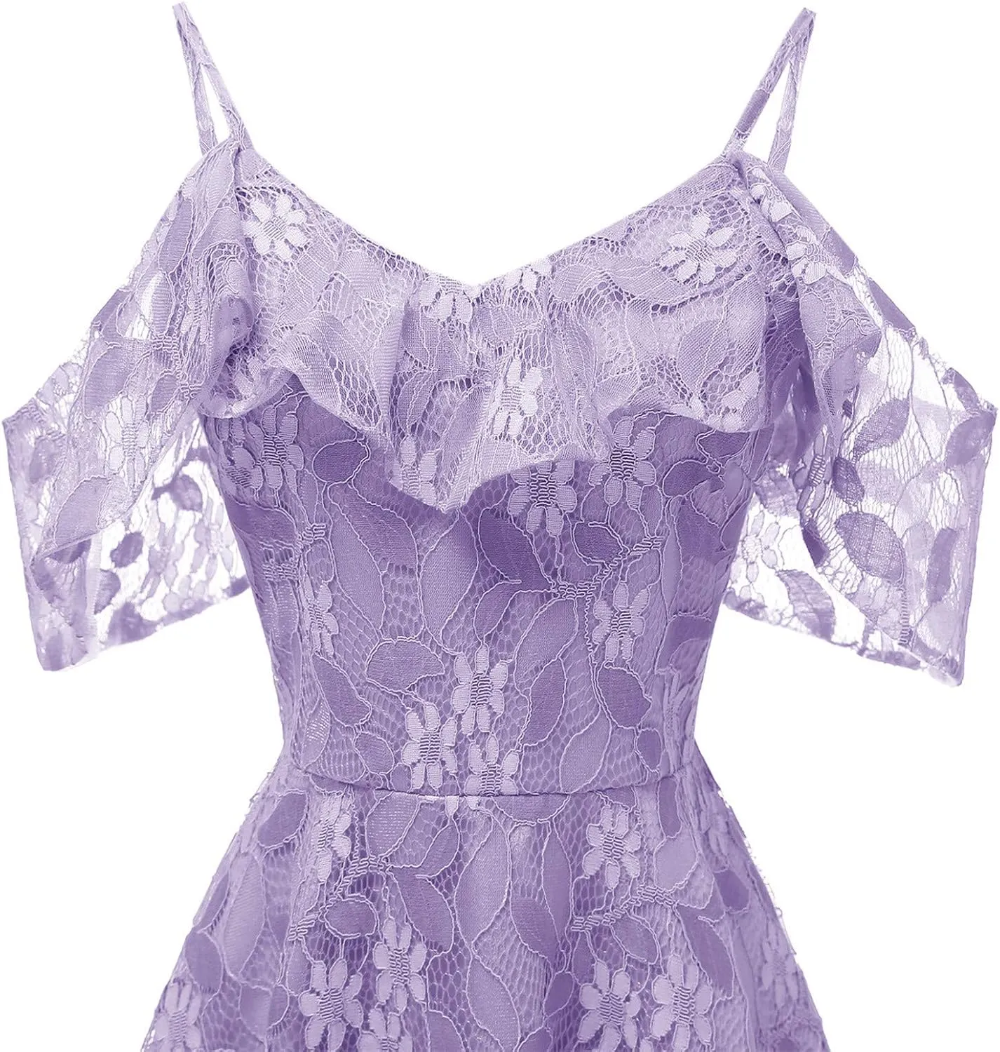 Women's Cold Shoulder Dresses Floral Lace Pleated Dress Ruffle Sleeve Knee Length Dresses Evening Party Cocktail Prom Gown
