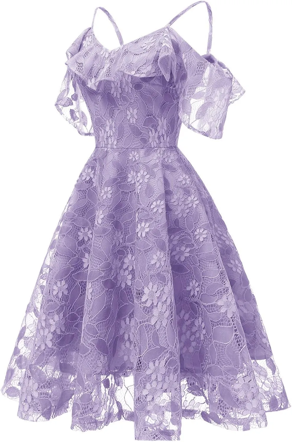 Women's Cold Shoulder Dresses Floral Lace Pleated Dress Ruffle Sleeve Knee Length Dresses Evening Party Cocktail Prom Gown