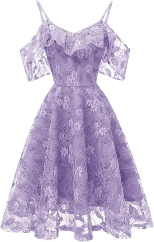 Women's Cold Shoulder Dresses Floral Lace Pleated Dress Ruffle Sleeve Knee Length Dresses Evening Party Cocktail Prom Gown