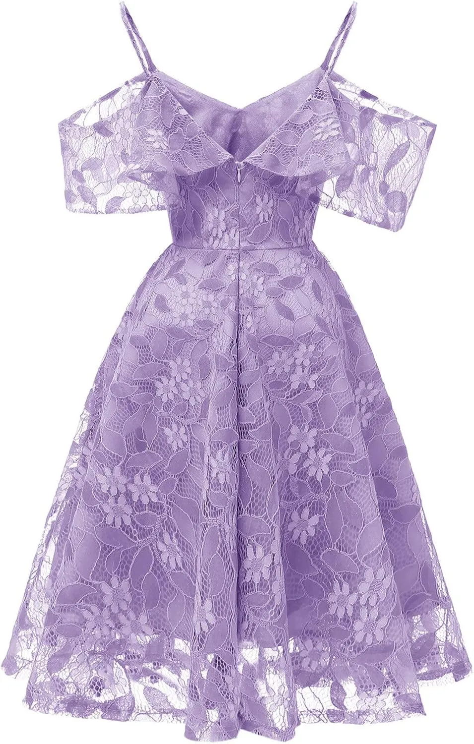 Women's Cold Shoulder Dresses Floral Lace Pleated Dress Ruffle Sleeve Knee Length Dresses Evening Party Cocktail Prom Gown