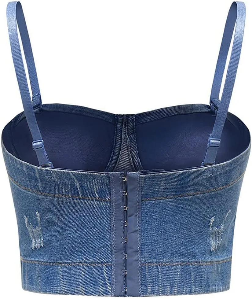 Women's Denim Tank Top Corset Bustier Blue Jean Crop Top Bra Streetwear Cami Detachable Straps Push Up Vest