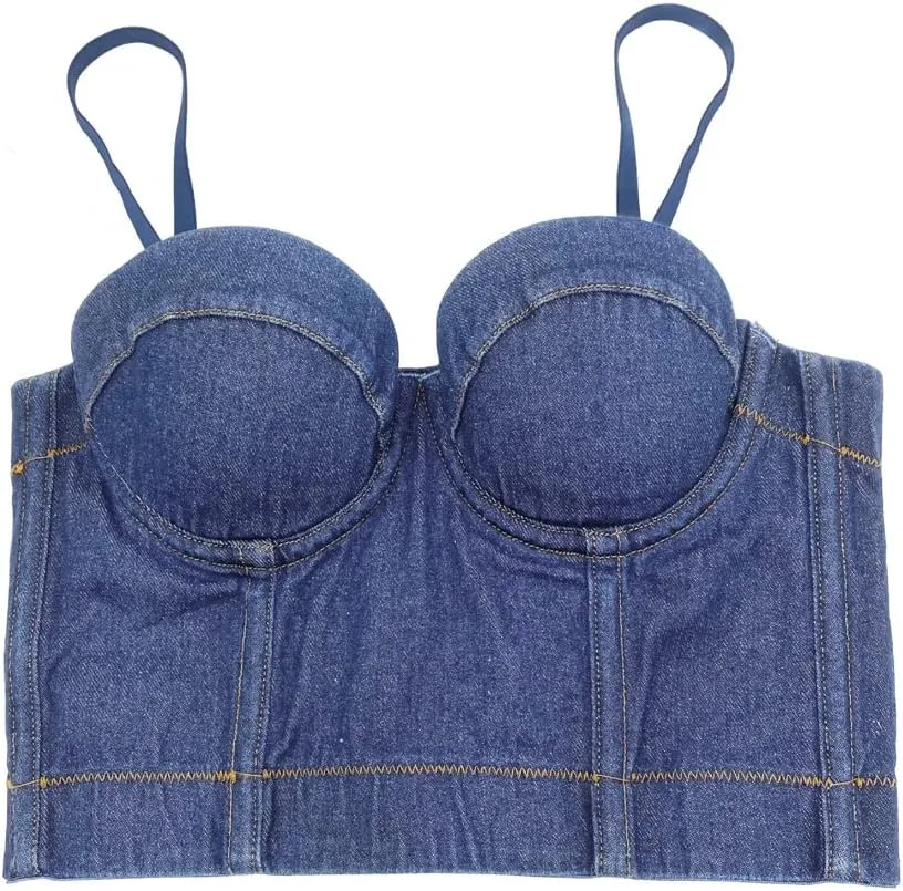 Women's Denim Tank Top Corset Bustier Blue Jean Crop Top Bra Streetwear Cami Detachable Straps Push Up Vest