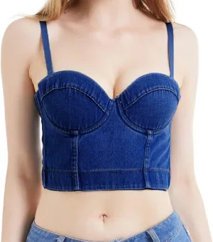 Women's Denim Tank Top Corset Bustier Blue Jean Crop Top Bra Streetwear Cami Detachable Straps Push Up Vest