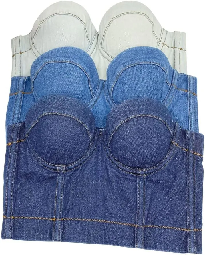 Women's Denim Tank Top Corset Bustier Blue Jean Crop Top Bra Streetwear Cami Detachable Straps Push Up Vest
