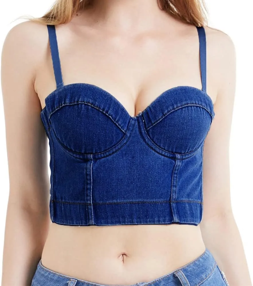 Women's Denim Tank Top Corset Bustier Blue Jean Crop Top Bra Streetwear Cami Detachable Straps Push Up Vest