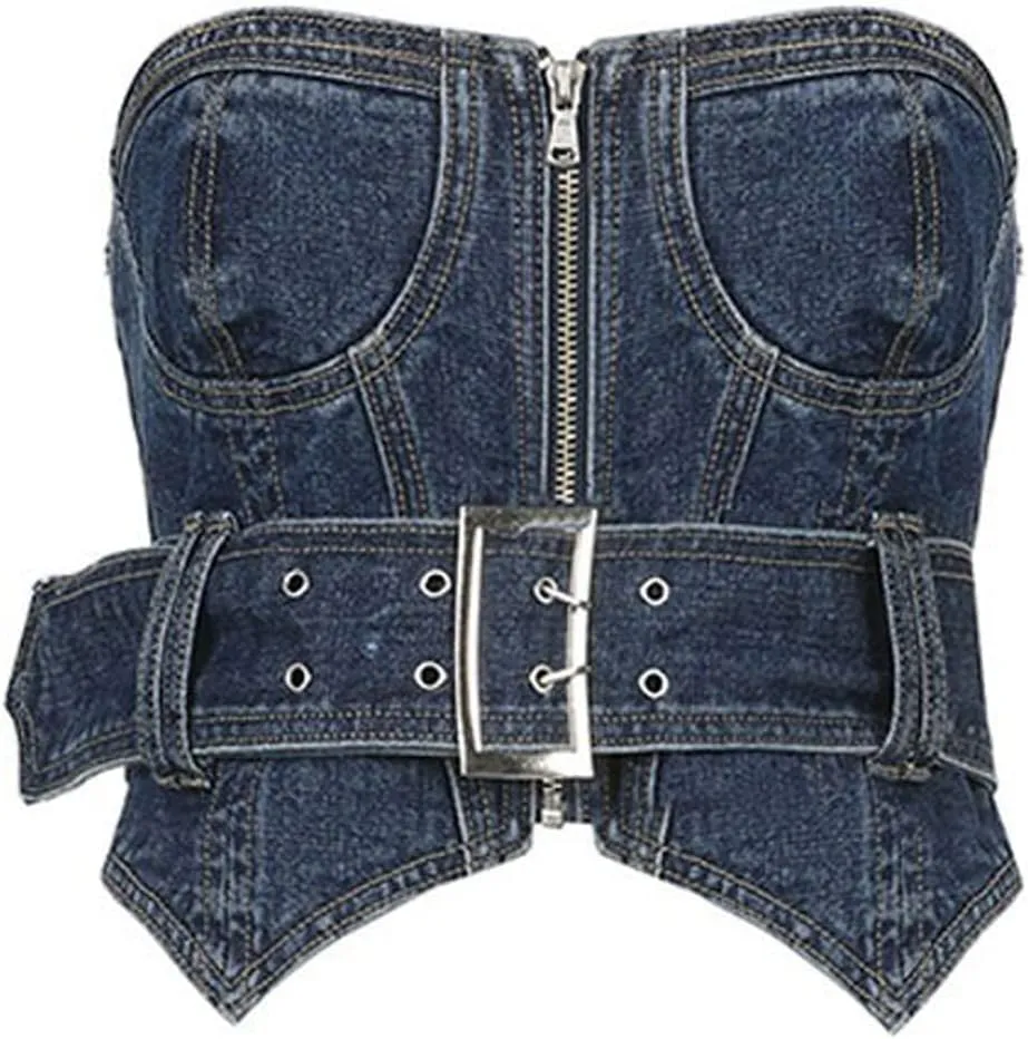 Women's Denim Tank Top Corset Grey Bustier Crop Top Cami Push Up Vest with Buckle (Zipper)