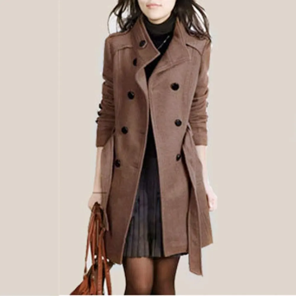 Women's Double Breasted Duster Trench Coat Slim Full Length Maxi Long Overcoat Long Peacoat