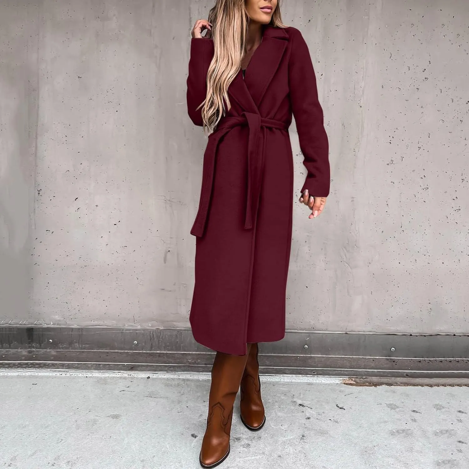 Women's Faux Wool Coat Blouse Thin Coat Trench Long Jacket Ladies Slim Long Belt Elegant Overcoat Ladies Fashion