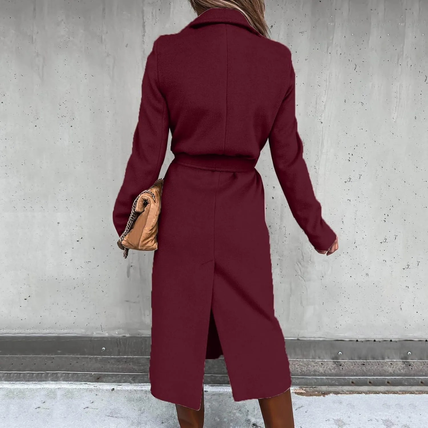 Women's Faux Wool Coat Blouse Thin Coat Trench Long Jacket Ladies Slim Long Belt Elegant Overcoat Ladies Fashion