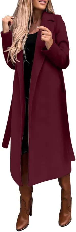 Women's Faux Wool Coat Blouse Thin Coat Trench Long Jacket Ladies Slim Long Belt Elegant Overcoat Ladies Fashion