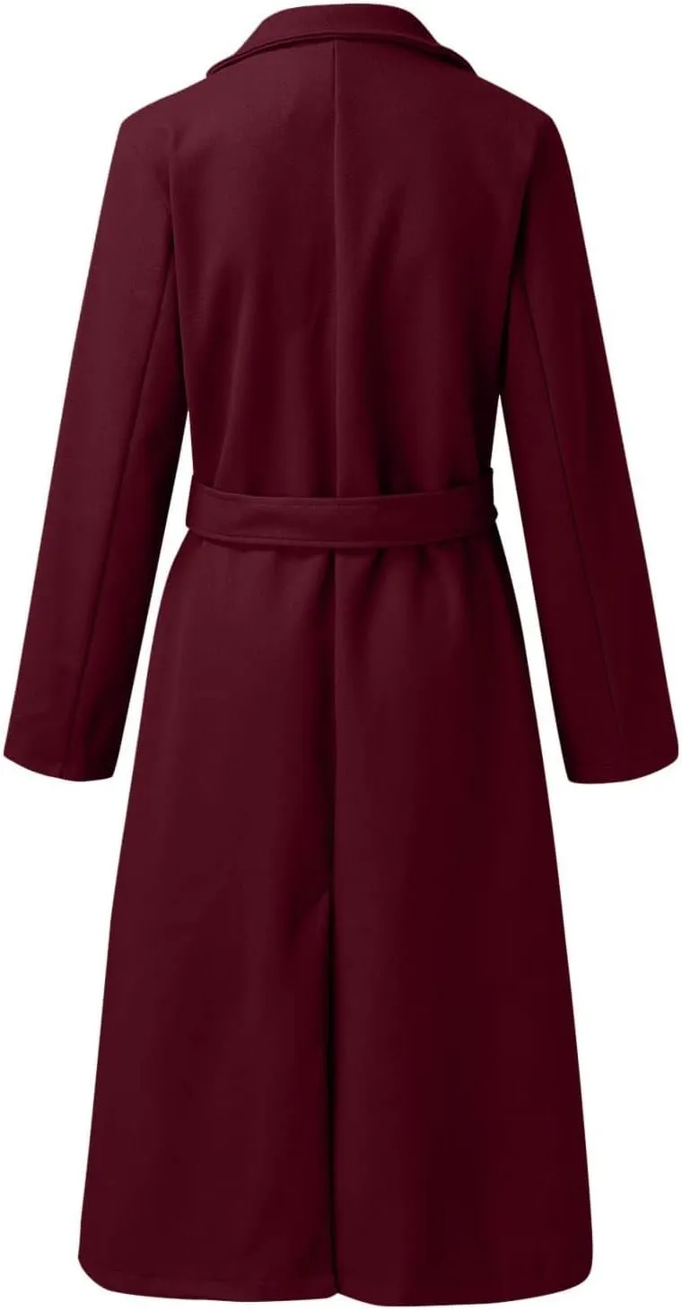 Women's Faux Wool Coat Blouse Thin Coat Trench Long Jacket Ladies Slim Long Belt Elegant Overcoat Ladies Fashion