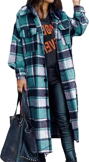 Womens Flannel Plaid Shacket Casual Loose Lapel Button Down Long Jacket Fall Winter Wool Blend Coat Warm Trench Coats