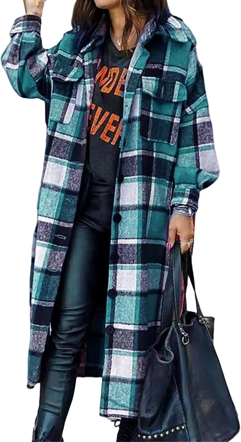 Womens Flannel Plaid Shacket Casual Loose Lapel Button Down Long Jacket Fall Winter Wool Blend Coat Warm Trench Coats