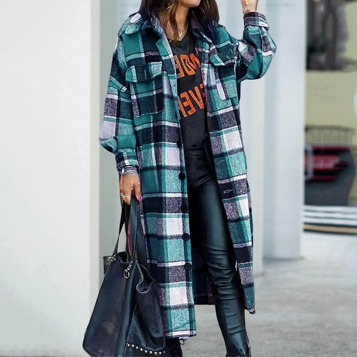 Womens Flannel Plaid Shacket Casual Loose Lapel Button Down Long Jacket Fall Winter Wool Blend Coat Warm Trench Coats