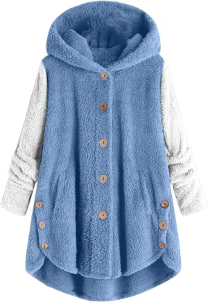 Womens Fleece Jackets Sherpa Winter Hooded Fuzzy Coats Oversized Button Down Cardigan Sweater Warm Jacket with Pocket