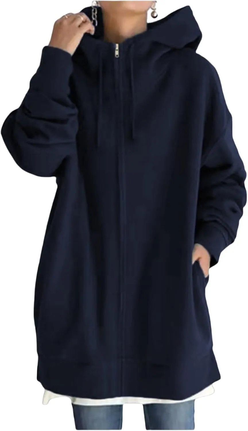 Womens Full Zip Hoodie Oversized Long Sleeve Fleece Sweatshirt Jacket Casual Loose Long Hoodies Winter Outfits