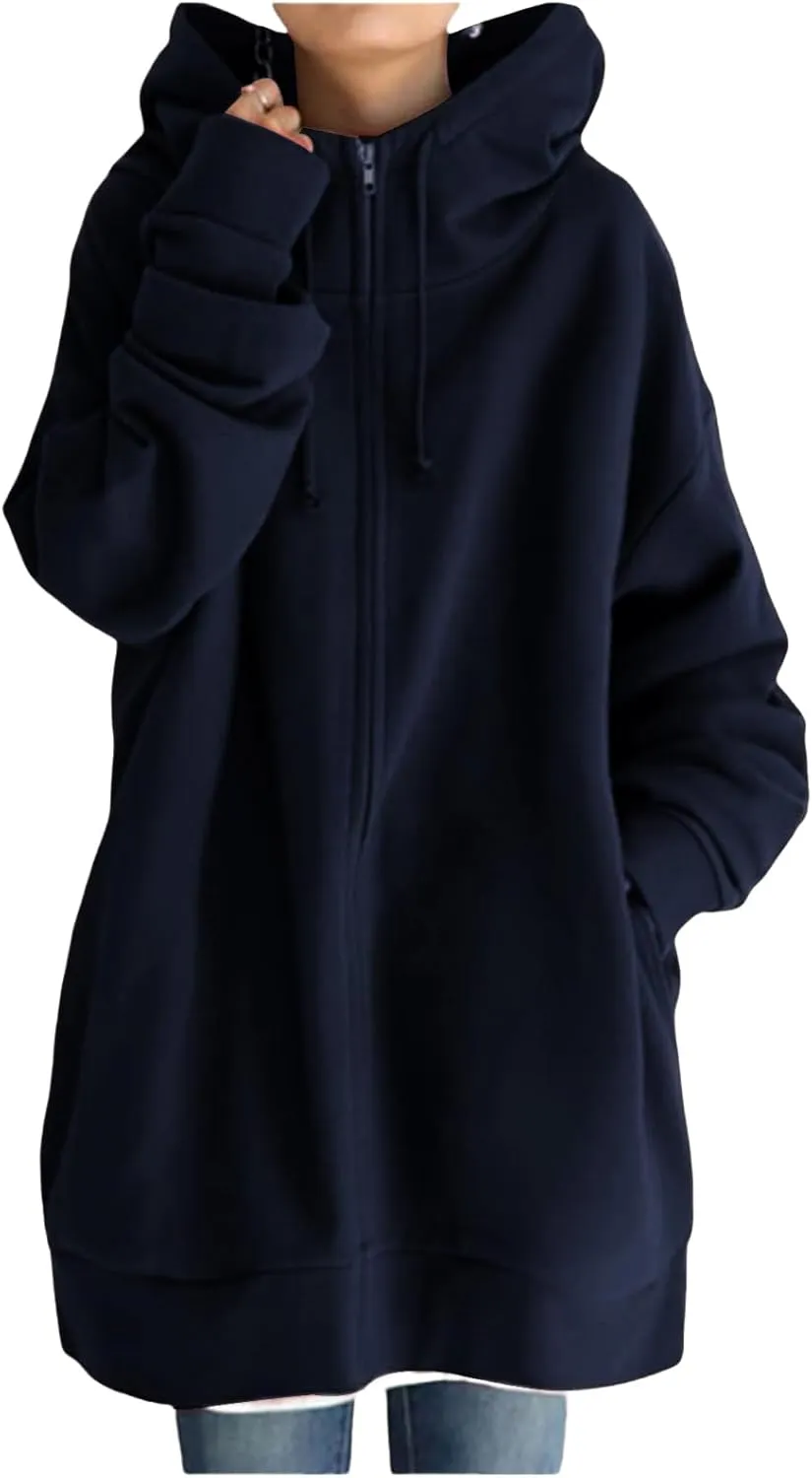 Womens Full Zip Hoodie Oversized Long Sleeve Fleece Sweatshirt Jacket Casual Loose Long Hoodies Winter Outfits