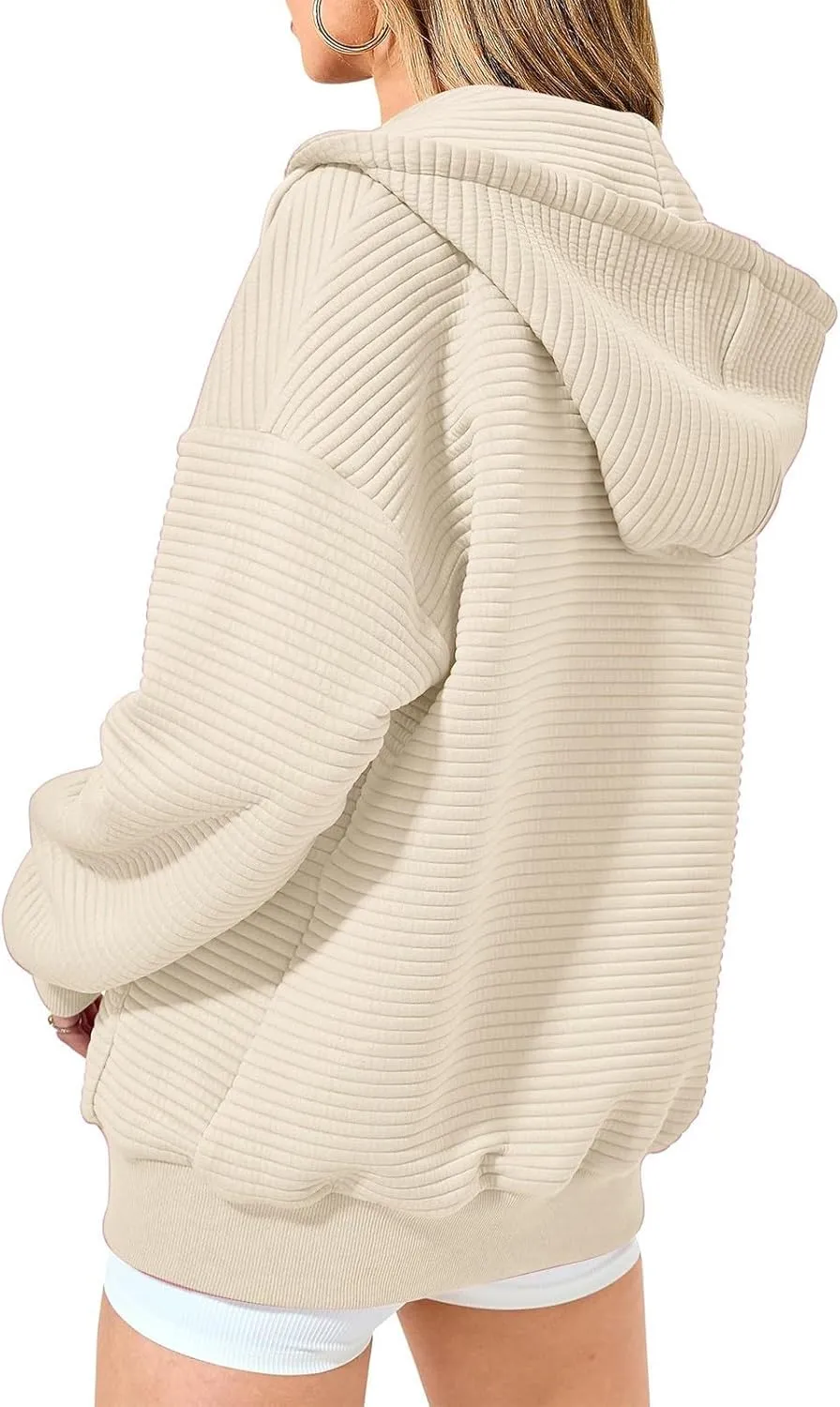 Womens Full Zip Up Hoodie Loose Fit Hooded Oversized Sweatshirt Casual Fall Long Sleeve Quilted Jackets with Pockets